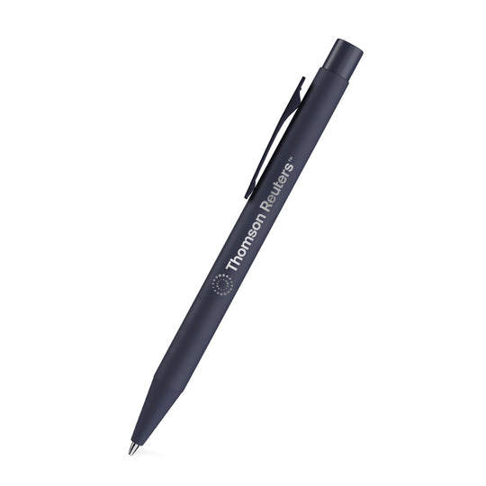 A navy retractable pen with a silver clip and tip, featuring the &