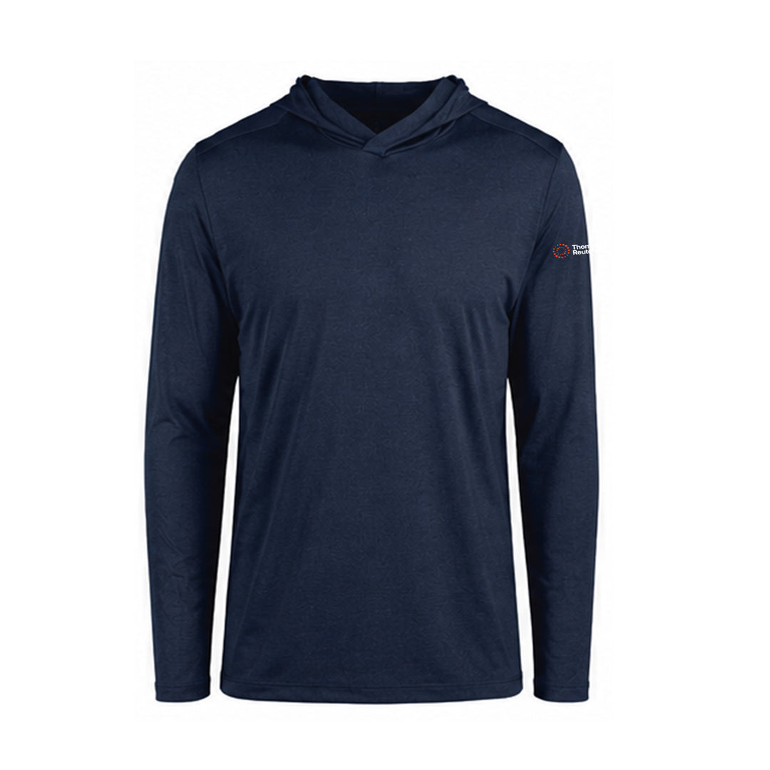 A navy blue long-sleeve hooded performance shirt with a small red and white logo on the left sleeve, displayed on a clean white background.