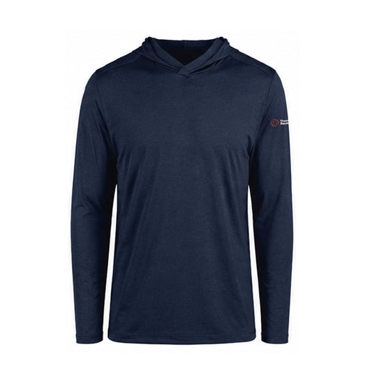 A navy blue long-sleeve hooded performance shirt with a small red and white logo on the left sleeve, displayed on a clean white background.
