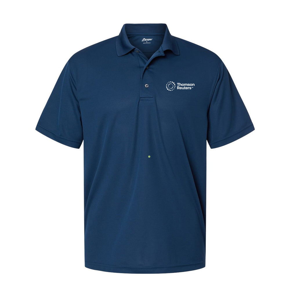 A navy blue short-sleeve polo shirt with a white embroidered 'Thompson Reuters' logo on the left chest, displayed on a clean white background.