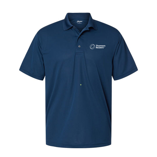 A navy blue short-sleeve polo shirt with a white embroidered &