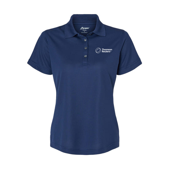 A navy blue short-sleeve polo shirt with a three-button placket and white embroidered logos on the left chest, displayed on a clean white background.