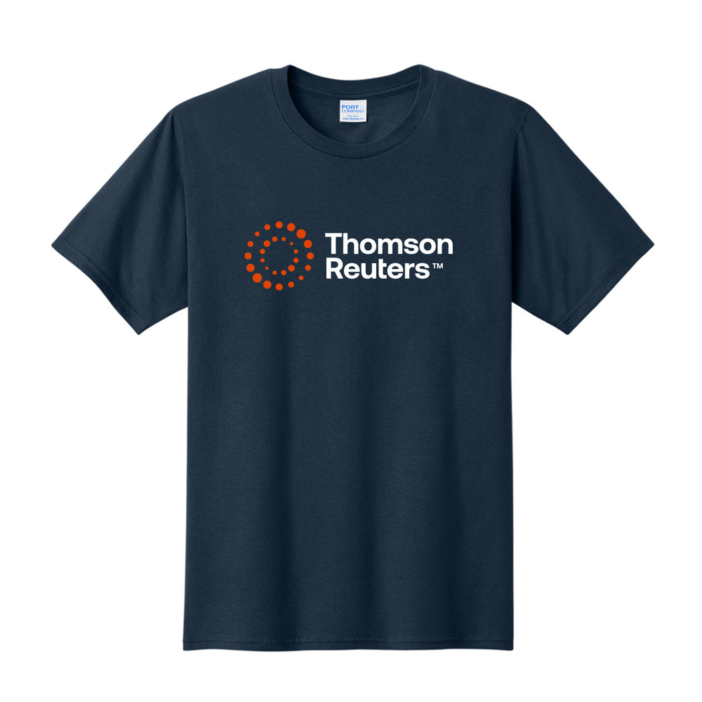 A navy blue short-sleeve crewneck t-shirt featuring the Thomson Reuters logo printed on the chest. The logo consists of an orange dotted circle and white text.