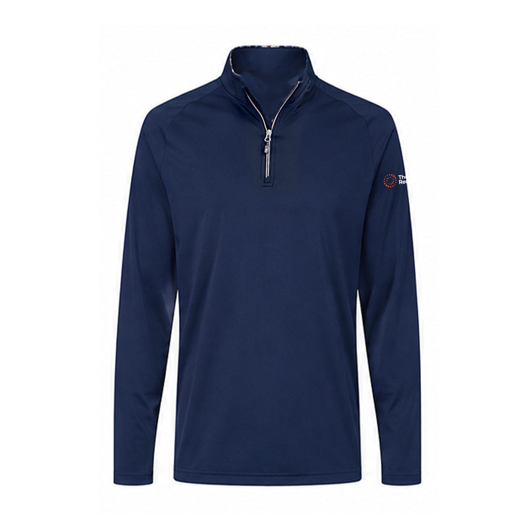 A navy blue long-sleeve quarter-zip pullover with a stand-up collar and a small Thomson Reuters logo on the left sleeve, shown against a plain white background.