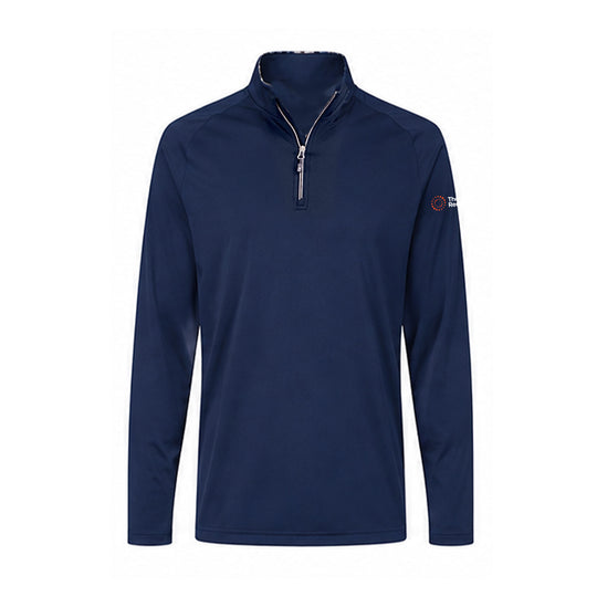 A navy blue long-sleeve quarter-zip pullover with a stand-up collar and a small Thomson Reuters logo on the left sleeve, shown against a plain white background.