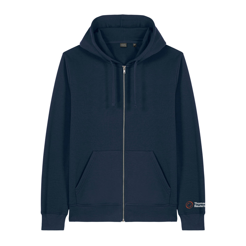 A navy blue zip-up hoodie with a drawstring hood, kangaroo pockets, and a small white circular logo on the left sleeve cuff, shown against a plain white background.