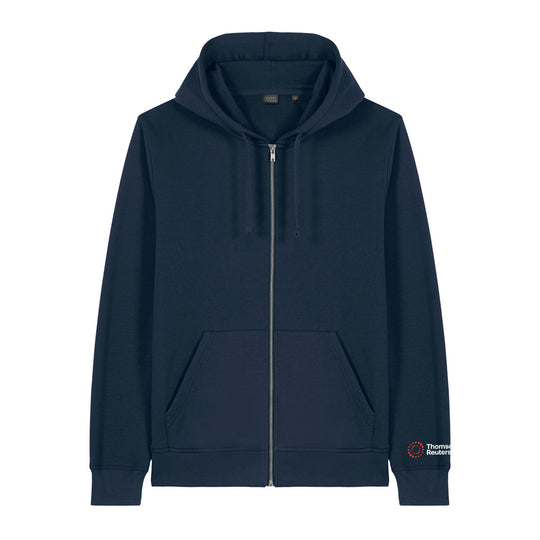 A navy blue zip-up hoodie with a drawstring hood, kangaroo pockets, and a small white circular logo on the left sleeve cuff, shown against a plain white background.