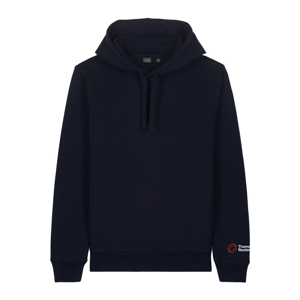 A dark navy blue pullover hoodie with a drawstring hood and ribbed cuffs, shown against a plain white background. A small embroidered logo is visible on the left sleeve cuff.