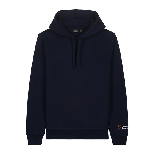 A dark navy blue pullover hoodie with a drawstring hood and ribbed cuffs, shown against a plain white background. A small embroidered logo is visible on the left sleeve cuff.