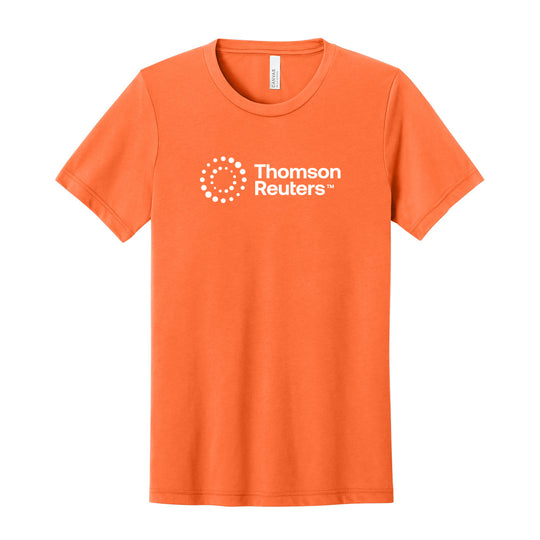 An orange short-sleeve crewneck t-shirt featuring the white Thomson Reuters logo printed on the center chest, displayed against a solid white background.