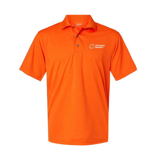 Bright orange short-sleeve polo shirt with a white printed &