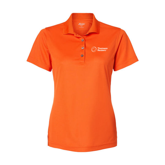 An orange short-sleeve polo shirt with a three-button placket and a white embroidered Thomson Reuters logo on the left chest, displayed on a clean white background.