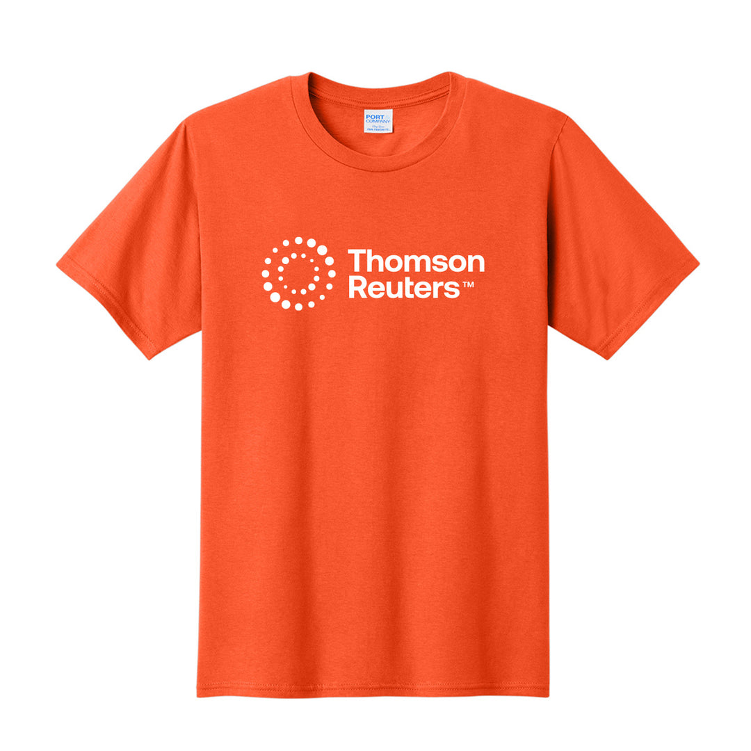 An orange short-sleeve crewneck t-shirt featuring the white Thomson Reuters logo printed on the chest, displayed against a solid white background.