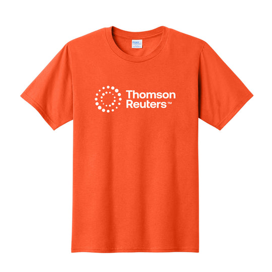 An orange short-sleeve crewneck t-shirt featuring the white Thomson Reuters logo printed on the chest, displayed against a solid white background.