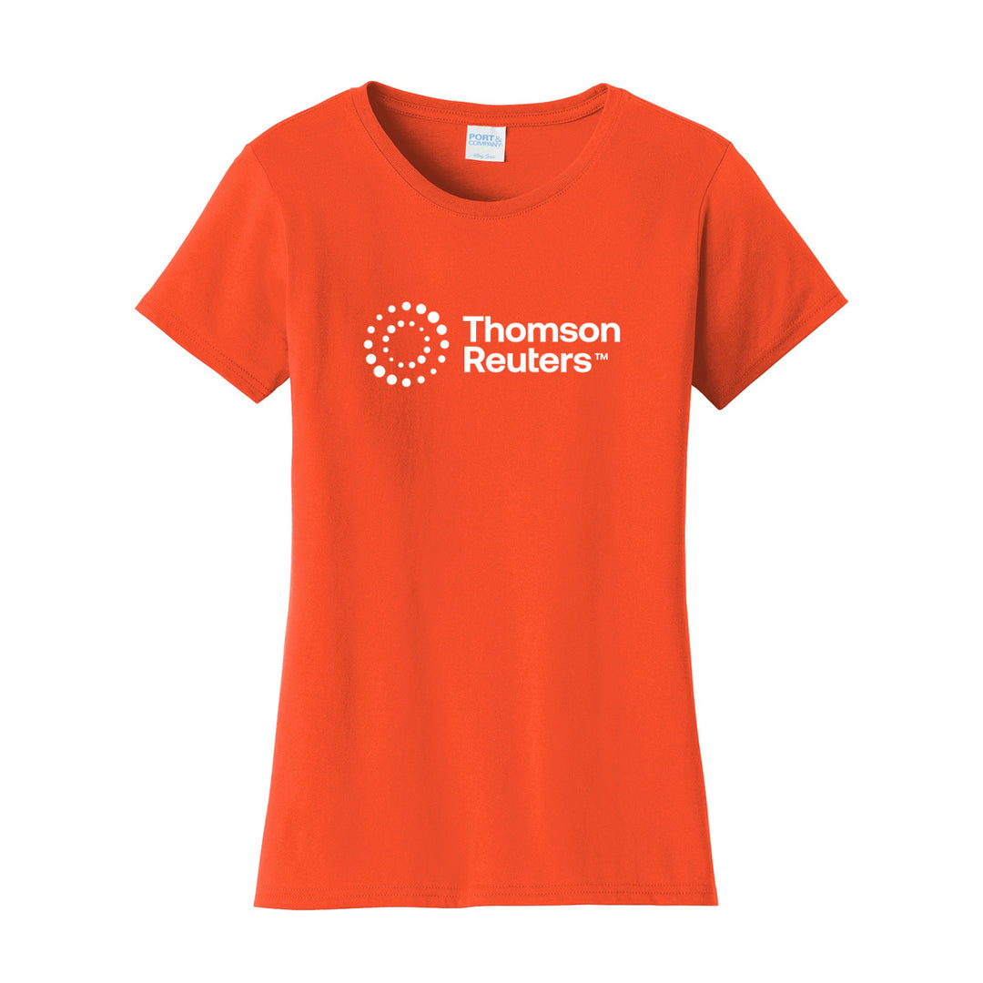 A bright orange short-sleeve crewneck t-shirt with a white Thomson Reuters logo printed on the center chest, displayed against a solid white background.
