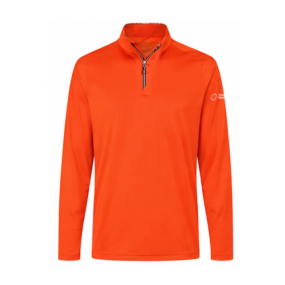 Bright orange long-sleeve quarter-zip pullover with a stand collar and a small white logo on the left sleeve, shown on a plain white background.