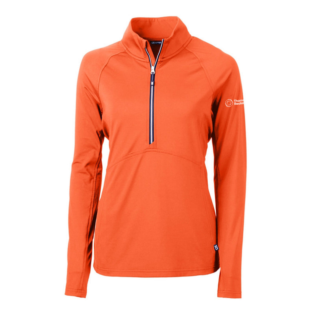 An orange long-sleeve quarter-zip athletic pullover with a mock neck collar, featuring a white Thomson Reuters logo on the left sleeve