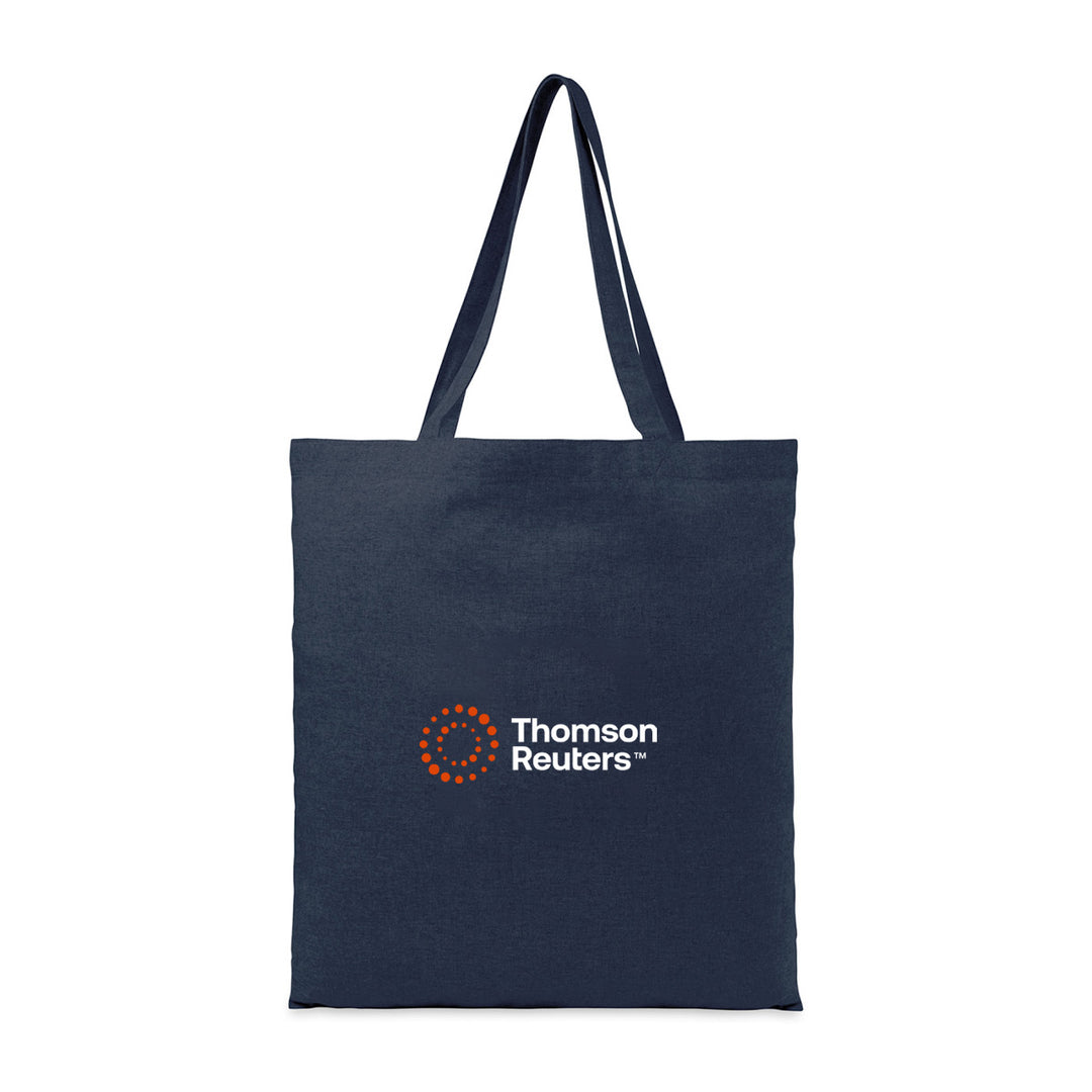A dark navy blue canvas tote bag with two shoulder straps, featuring the Thomson Reuters logo printed in white and orange on the front, set against a plain white background.