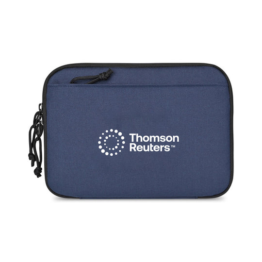 A navy blue zippered pouch featuring the white Thomson Reuters logo printed on the front, set against a plain white background.