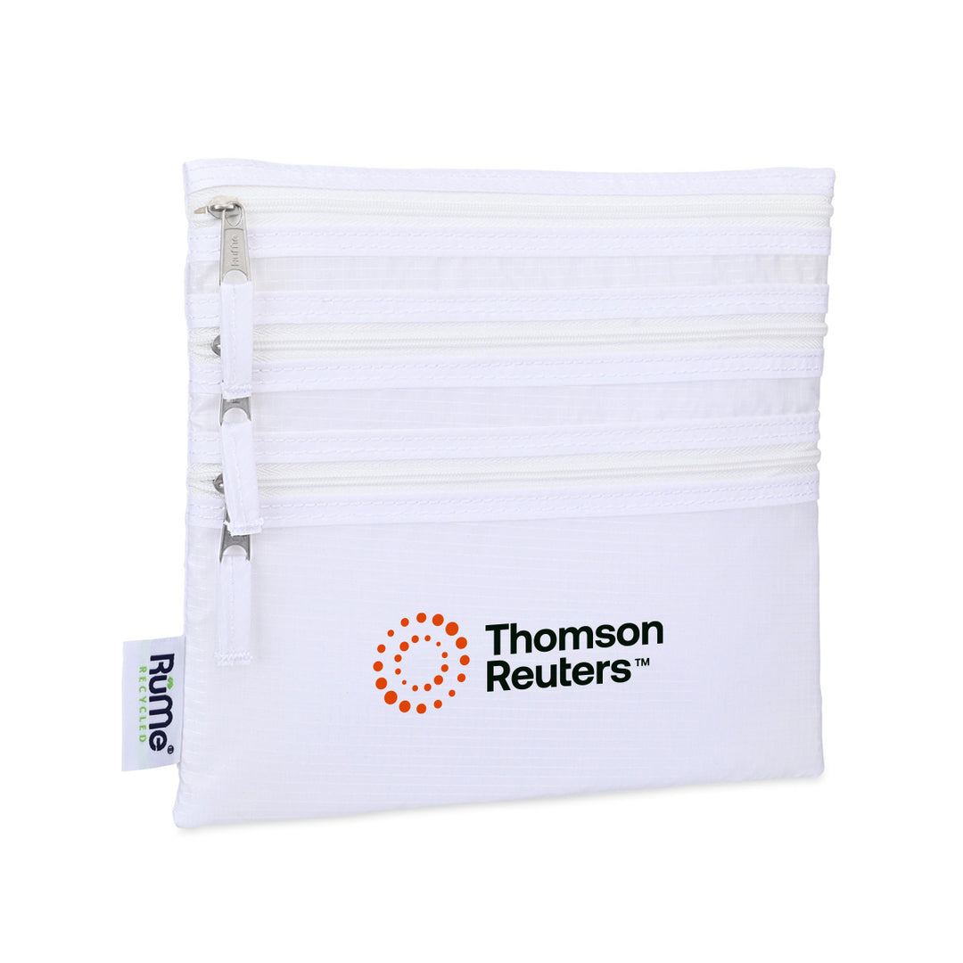 A white zippered pouch with multiple horizontal zipper compartments, featuring the Thomson Reuters logo in dark green and orange on the front and a small white tag on the left side.