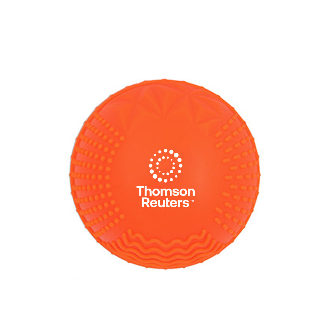 An orange textured stress ball with the white Thomson Reuters logo printed in the center