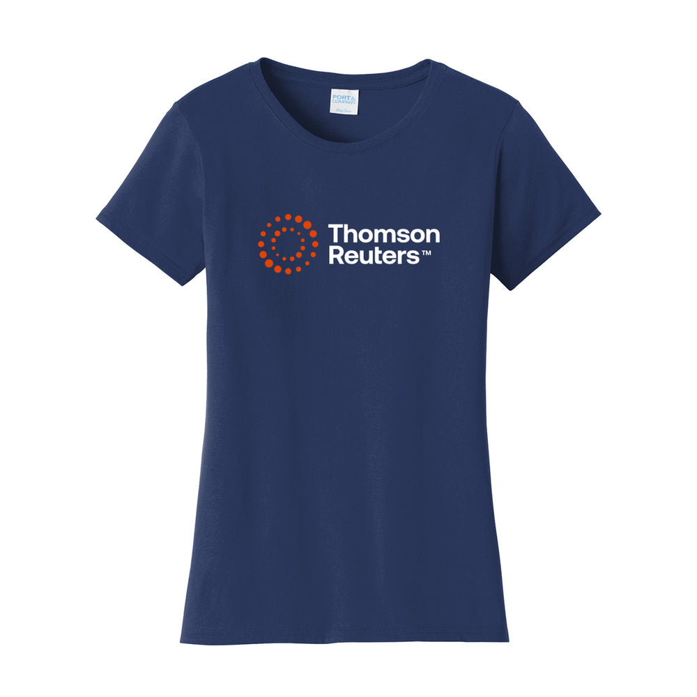 A navy blue short-sleeve crewneck t-shirt featuring the Thomson Reuters logo printed on the chest, displayed against a solid white background.