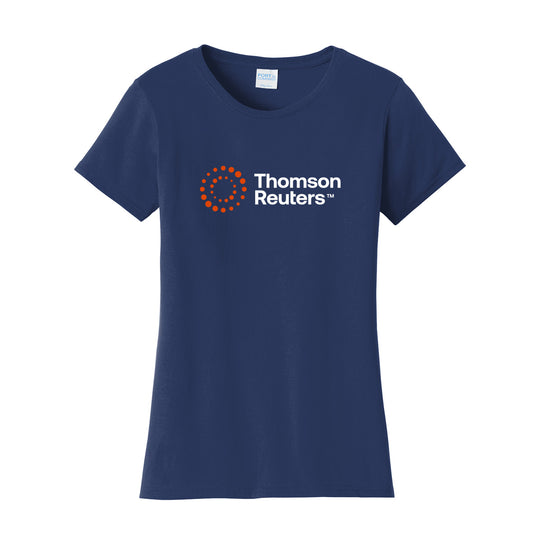 A navy blue short-sleeve crewneck t-shirt featuring the Thomson Reuters logo printed on the chest, displayed against a solid white background.