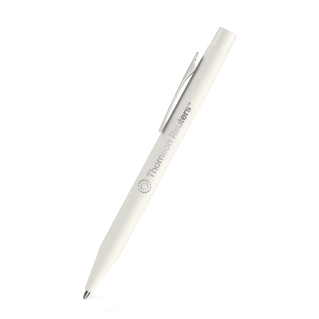 A white retractable pen with a silver clip and tip, featuring the &
