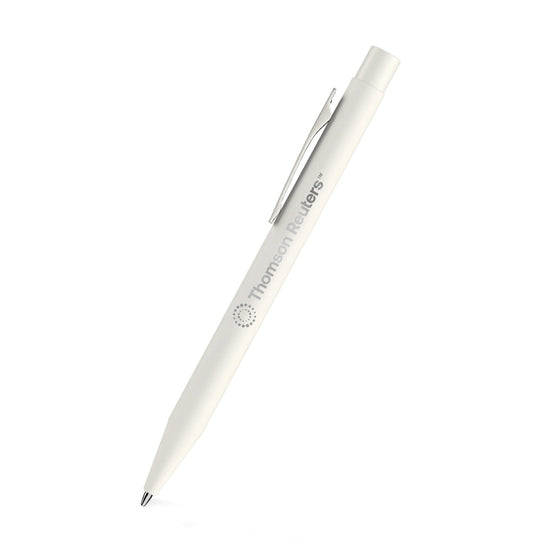 A white retractable pen with a silver clip and tip, featuring the &
