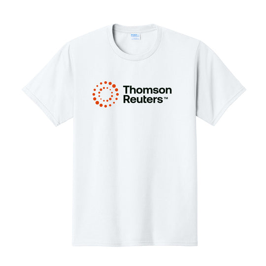 A white short-sleeve crewneck t-shirt featuring the Thomson Reuters logo printed on the chest. The logo consists of a circular orange dot pattern on the left and the text &