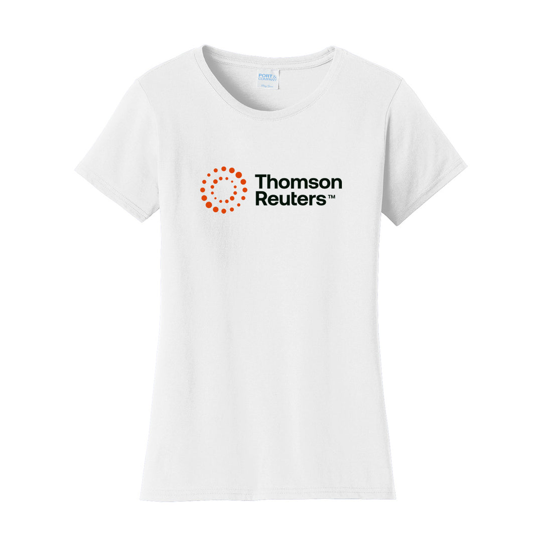 A white short-sleeve crewneck t-shirt featuring the Thomson Reuters logo printed on the chest, displayed against a solid white background.