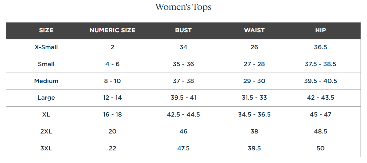Size chart for Cutter &amp; Buck Quarter-Zip Pullover – Women's
