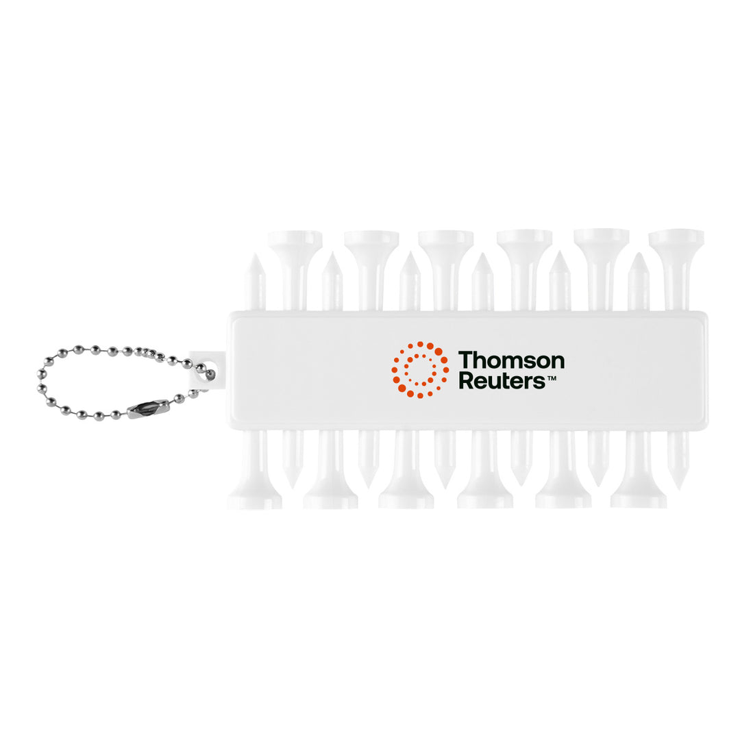 A white plastic golf tee holder with a silver ball chain keyring, featuring the Thomson Reuters logo printed on the front, set against a plain white background.