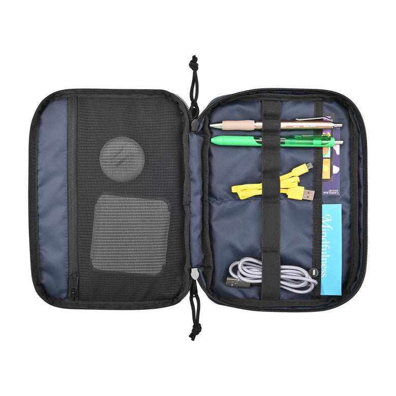 Interior of the Renew Recycled rPET Slim Tech Organizer - AWARE™ showing organized compartments for pens, cables, and accessories.